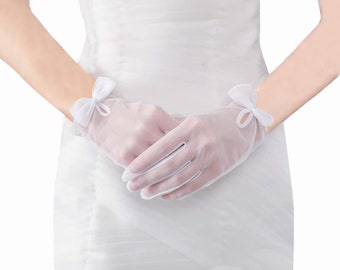 Opening Sale! White Elegant Formal Sheer Gloves with Ribbon, Wedding Bridal Gloves, Nylon Tulle Gloves for Formal Events, Party, W-78