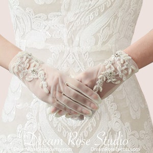 Opening Sale! White Beautiful Beaded Lace Sheer Tulle Formal Gloves Tulle Bridal Gloves Party Nylon Gloves for Formal Events,Wedding W-79
