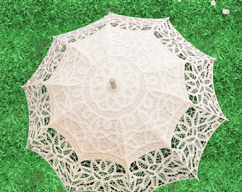 White Beige Victorian Lace Umbrella Detailed Full Cotton Lace Parasol Wedding Gift Decoration Bamboo Handle W-065