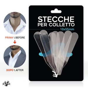 May include: A pack of clear plastic collar stiffeners, designed to help keep a shirt collar crisp and wrinkle-free. The packaging shows a before and after image of a man wearing a shirt with and without the collar stiffeners. The packaging also includes the text "STECCHE PER COLLETO 10x55mm".
