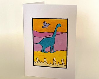 Greetings Card, Colourful Bird and Dinosaur