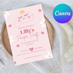 Digital Editable Kids Pamper Party Invite Template / Canva Template / Birthday Party / Girly Party Invite / Pink/Spa Party/Cute Personalized