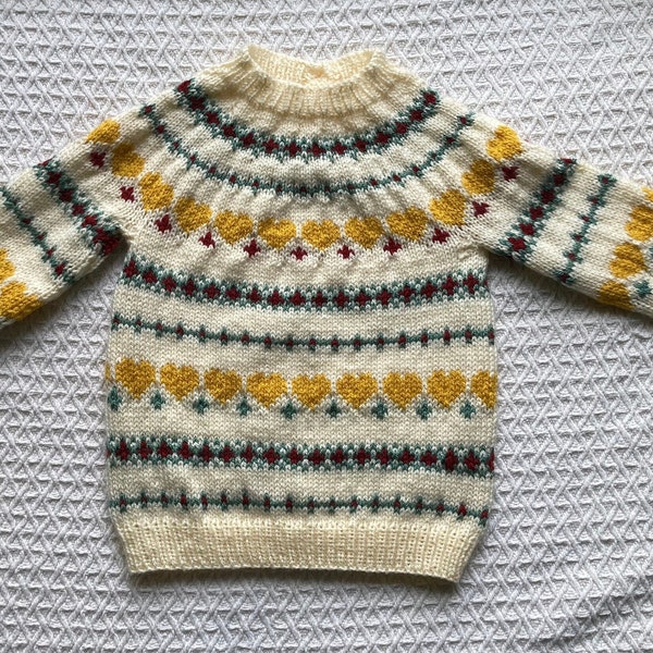 Gorgeous, Fairisle Winter Jumper, Buttermilk Cream Colour with Golden Hearts. For age 3-4 years old.