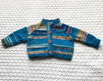 Sweet Little Pure Wool Cardigan in Delicate 4ply for Newborn Baby in Random Blues. For age 0-3 months.
