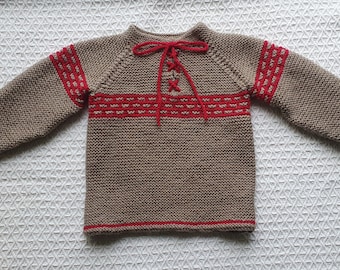 Stunning Folk Style Jumper in Camel Brown and Red. For age 2-3 years old.