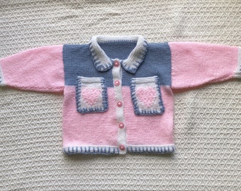 Cute Cardigan/ Jacket in Soft Pink, Denim Blue and White. For age 3 years.