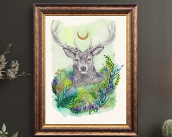 Stag Art Print, Deer Wall Decor, Mystic Art, Nature Lovers, Wildlife Decor