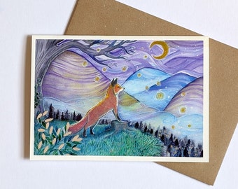 Fox Greetings Card, Handmade Card for Nature Lovers, Mystical Greetings Card, Fox Art, Fox Painting, Wildlife Card