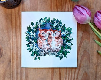 Cute Greetings Card with Owl Art, for couples, love, nature lovers, wildlife, Jasmine flowers, little owl, Hand-Made, Unique, Blank Inside