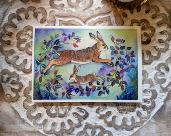 Greetings Card for Nature Lovers, Animal Lover Card with Hares, Wildlife Decor Nature Cottagecore Decor