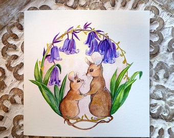 Hand-Finished Card, Cute Mouse Bluebells Illustration