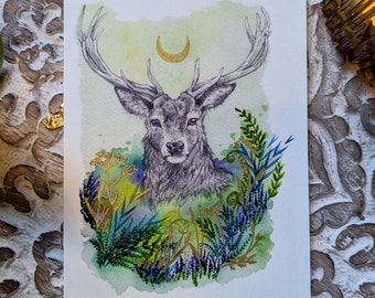 Mystical Stag Greetings Card: Handcrafted Nature-inspired Art by Lazy Witch Arts