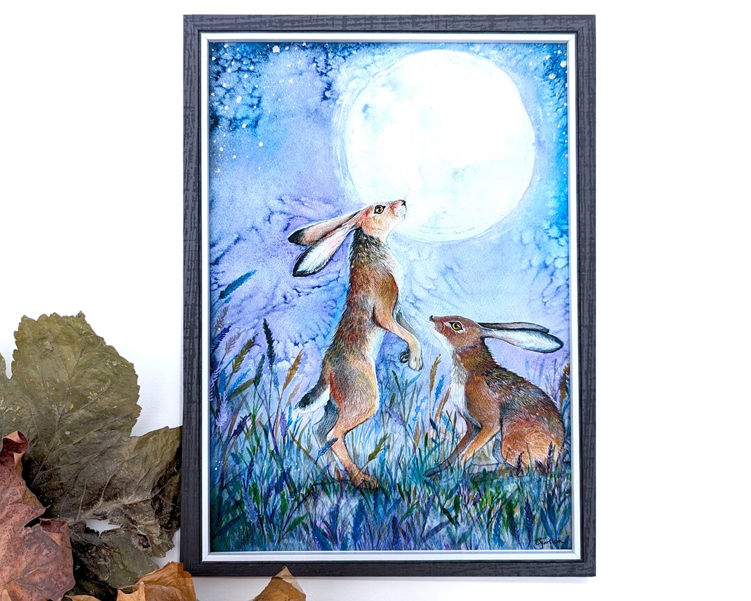 Hare Art Print, Moon Gazing Hare Art, Hare Wall Art, Wildlife Home ...