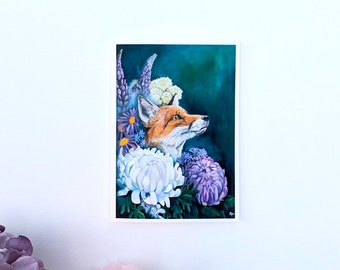 Fox And Flowers Illustrated Blank Luxury Greetings Card - Beautiful Unique Gift with "Midsummer" Illustration