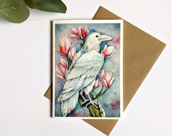 White Raven Greetings Card, Hand Finished and Blank Inside. Nature inspired unique artwork, whimsical, magical, witchy Spring, Ostara vibe