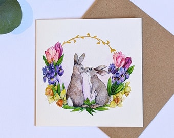 Cute Hand Finished Illustrated Easter Card with Rabbits, Bunnies, Iris, Daffodils, Tulips