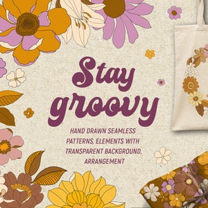 Retro Groovy Flowers Collection - Comercial use - Individual Files - Seamless Patterns - Clipart Set - Papers Set - Flowers - Frases
