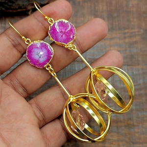 Pink Agate Druzy Earrings: Gold Plated Sterling Silver Jhumki