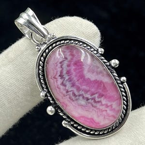Pink Lace Agate Pendant: Vintage Sterling Silver Handmade Jewelry