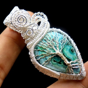 Copper Tree of Life Chrysocolla Pendant: Wire Wrapped Gemstone Necklace