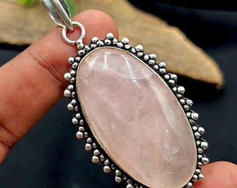 ヴィンテージ　ローズクォーツ　925 スターリングシルバー ネックレス ヴィンテージスタイルのローズクォーツペンダント：925スターリング