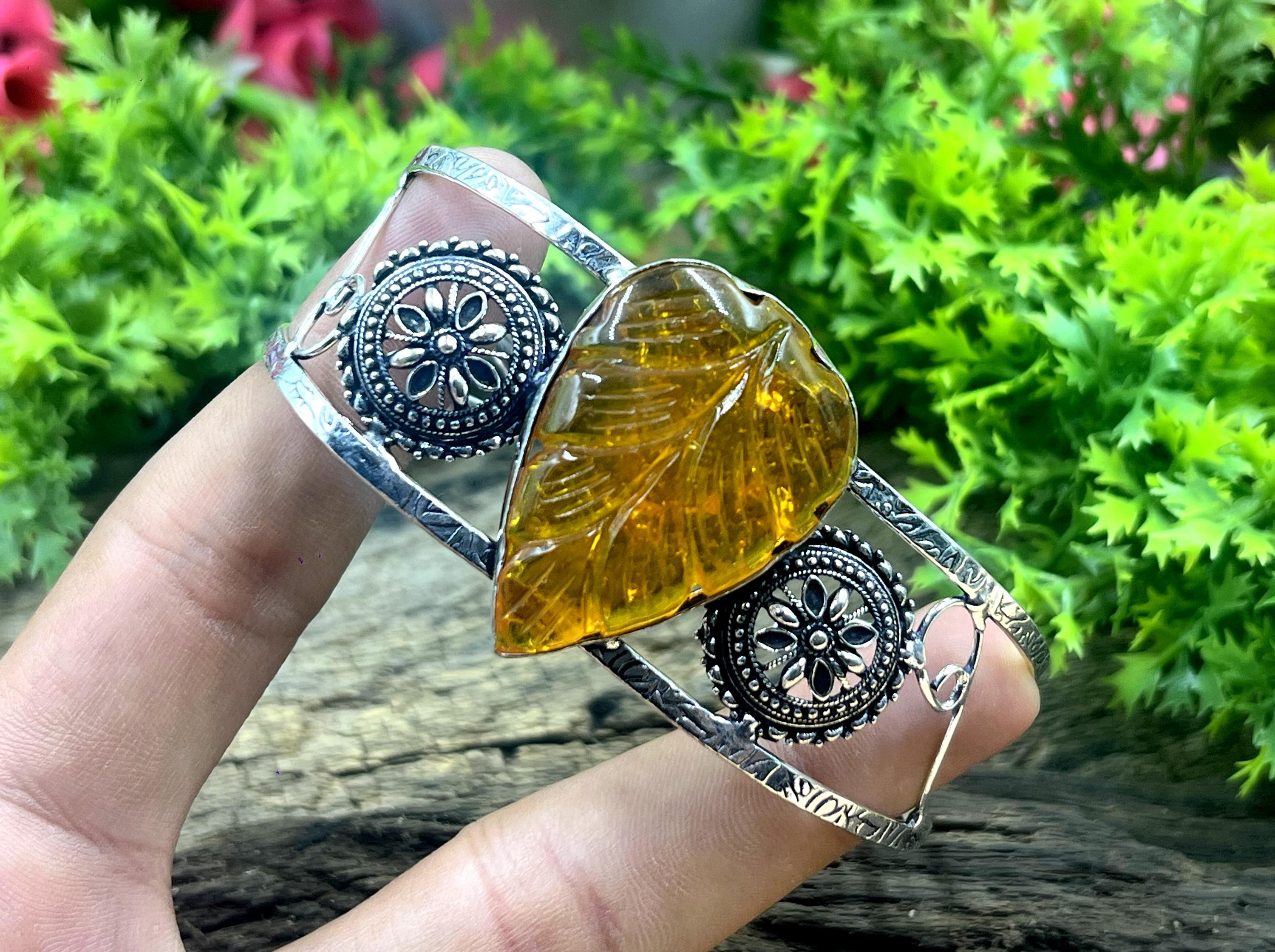 Baltic Amber Bangle: Sterling Silver Plated Carved Gemstone Healing Jewelry