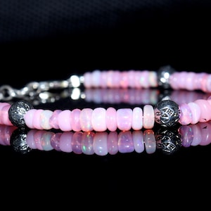 Ethiopian Opal Sterling Silver Bracelet: Pink Fire Gemstone, Beaded Rondell