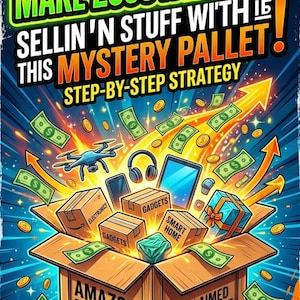 May include: A graphic illustration of a wooden pallet box labelled AMAZON RETURNS and UNCLAIMED MERCHANDISE, overflowing with gadgets, electronics, and smart home boxes, surrounded by flying dollar bills, coins, and orange arrows on a blue background.