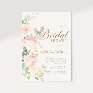 Rosa und Creme Rosen Brautparty Einladung Vorlage, druckbare Rosen Brautparty Einladungskarte, bearbeitbare Blumen Brautparty