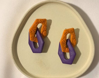 Interlocking Purple and Orange Pumpkin Textured Earrings, Autumnal Polymer Clay Handmade Statement Dangles, Fall Accessories