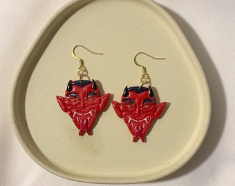 Devil Face Earrings, Spooky Halloween Autumnal Polymer Clay Handmade Statement Dangles, Fall Accessories