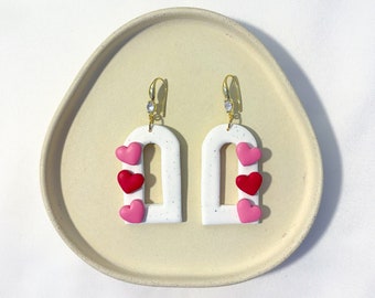 Speckled White Clay Arch Earrings with Hearts Dangles, Handmade Polymer Clay Earrings