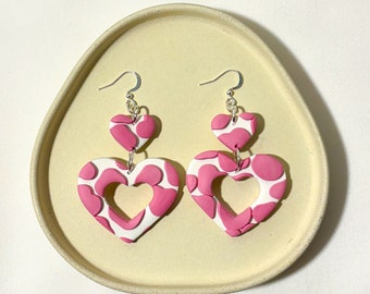 Pink Cow Print Heart Earrings, Handmade Polymer Clay Earrings