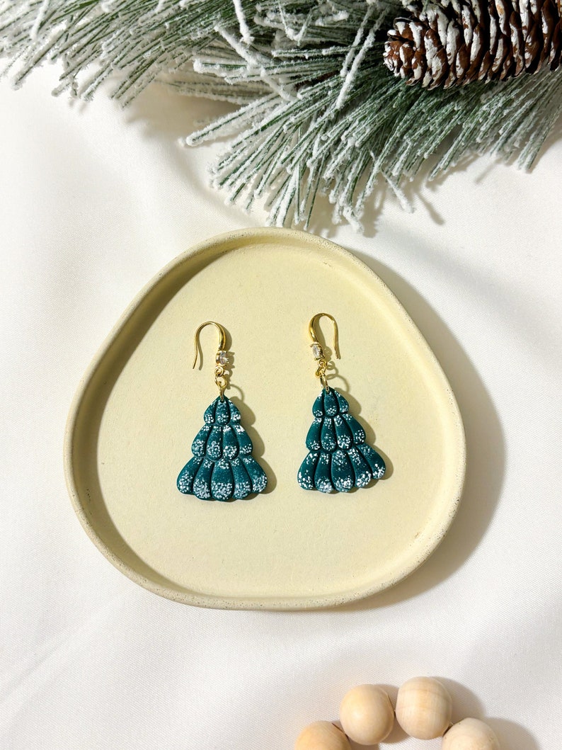 Flocked Christmas Tree Earrings, Festive Winter Polymer Clay Handmade Statement Dangles image 1