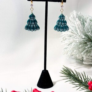 Flocked Christmas Tree Earrings, Festive Winter Polymer Clay Handmade Statement Dangles image 2