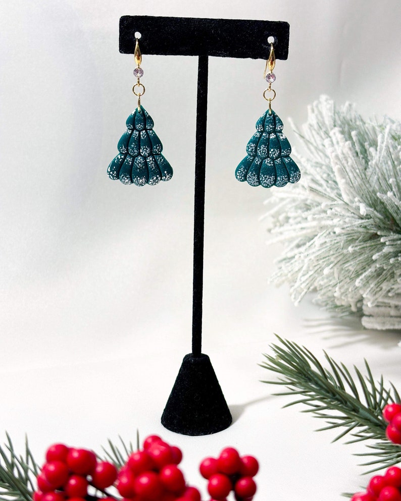 Flocked Christmas Tree Earrings, Festive Winter Polymer Clay Handmade Statement Dangles image 2