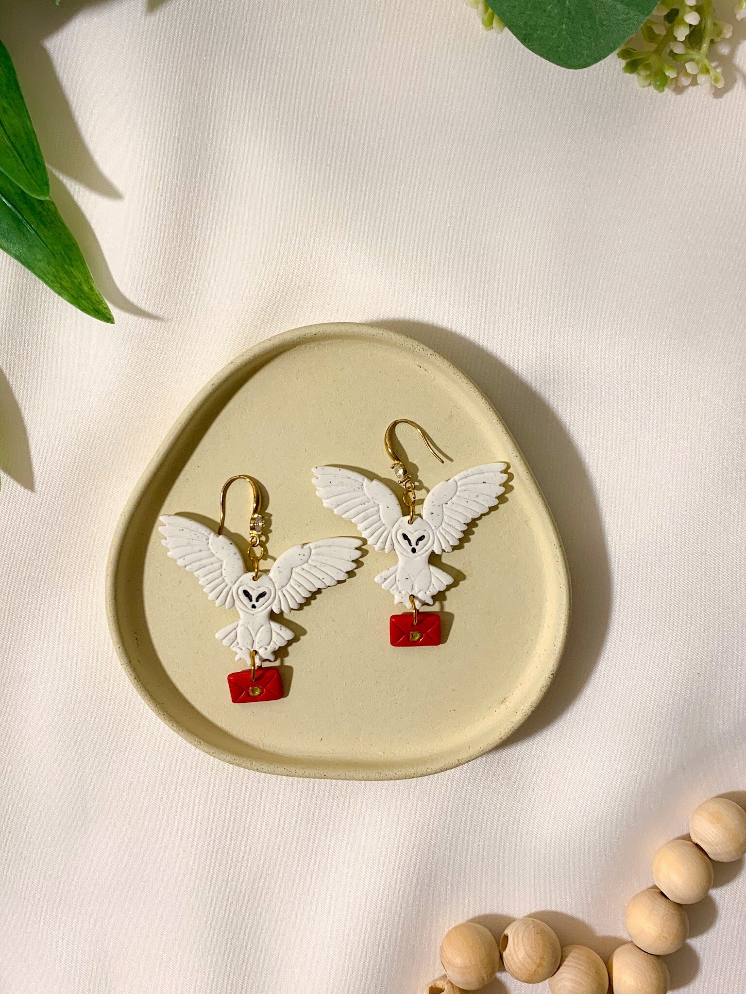 Owl Letter Earrings, Statement Dangle Polymer Clay Earrings, Handmade Jewelry