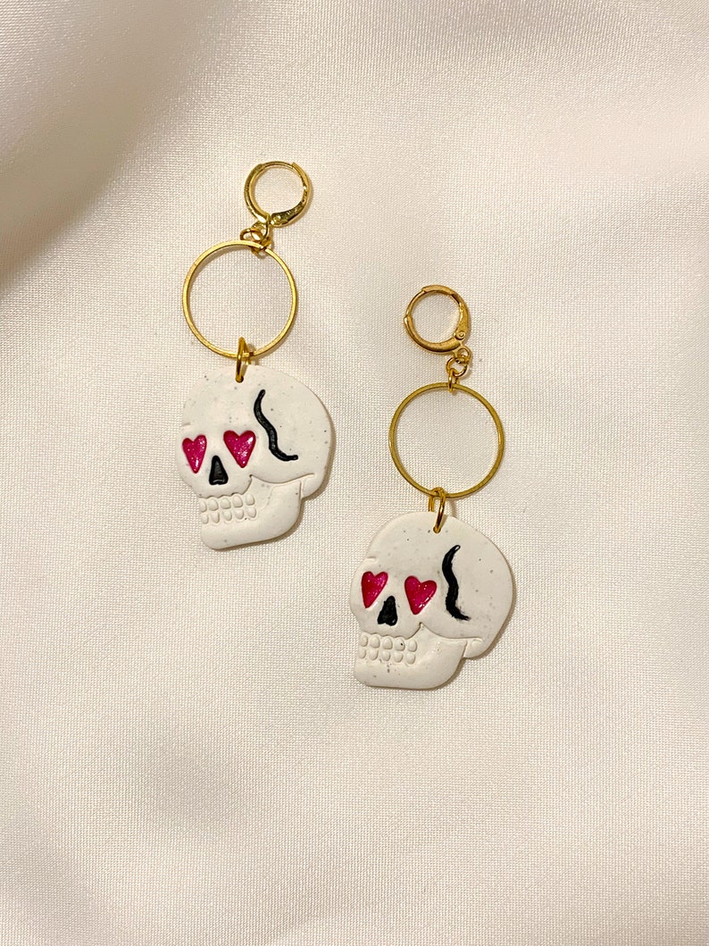 Skulls with Shimmering Heart Eyes Earrings, Handmade Lightweight Polymer Clay, Statement Jewelry image 4