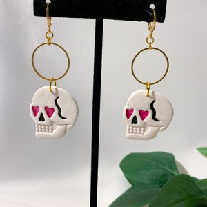 Skulls with Shimmering Heart Eyes Earrings, Handmade Lightweight Polymer Clay, Statement Jewelry image 2