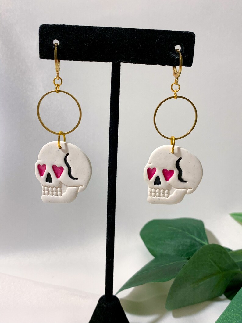Skulls with Shimmering Heart Eyes Earrings, Handmade Lightweight Polymer Clay, Statement Jewelry image 2