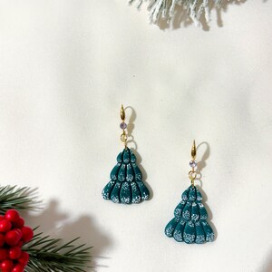 Flocked Christmas Tree Earrings, Festive Winter Polymer Clay Handmade Statement Dangles image 3