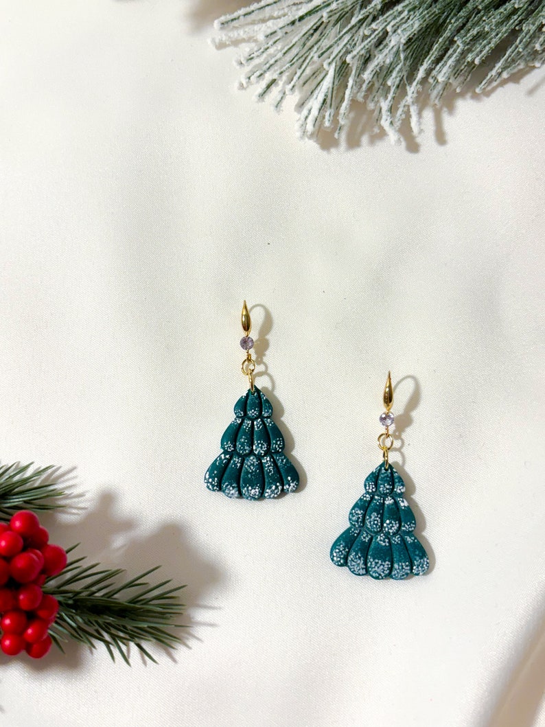 Flocked Christmas Tree Earrings, Festive Winter Polymer Clay Handmade Statement Dangles image 3