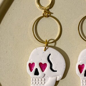 Skulls with Shimmering Heart Eyes Earrings, Handmade Lightweight Polymer Clay, Statement Jewelry image 5