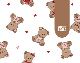 Valentines Teddy Bears Seamless Pattern, Pink And Red Hearts Valentines Repeat Pattern for Commercial Use