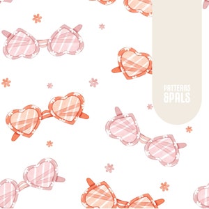 Może przedstawiać: Akwarelowy wzór okularów przeciwsłonecznych w kształcie serca w odcieniach różu i pomarańczy, z białymi kwiatowymi akcentami i paskowanymi soczewkami. Małe ilustracje kwiatów rozrzucone na białym tle. Widoczny tekst "PATTERNS & PALS".