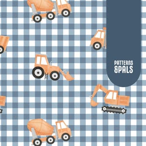 Construction Vehicles Boys Seamless Repeat Pattern For Commercial Use Blue Gingham Trucks Digital Print Instant Download Pattern