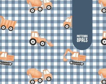 Construction Vehicles Boys Seamless Repeat Pattern For Commercial Use Blue Gingham Trucks Digital Print Instant Download Pattern