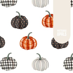May include: A seamless pattern featuring various patterned pumpkins in black, white, orange, and red. The pumpkins have different patterns, including polka dots, stripes, and plaid. The text "Patterns & Pals" is displayed in the centre of the image.