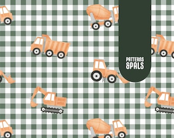 Construction Vehicles Boys Seamless Repeat Pattern For Commercial Use Green Gingham Trucks Digital Print Instant Download Pattern