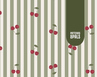 Cherries Seamless Digital Pattern, Green Stripes Unisex Summer Seamless Repeat Pattern, Fabric Pattern, Seamless Digital File